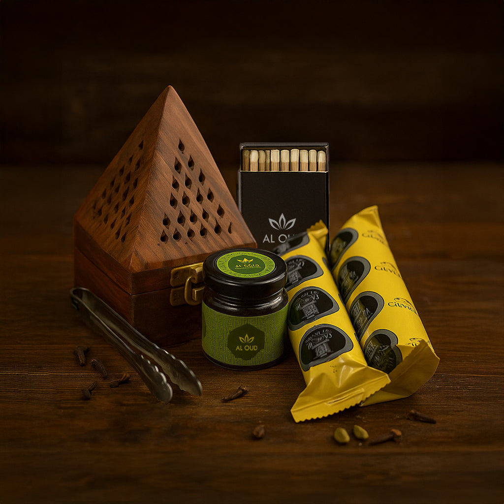 1. Al Oud Bakhoor Combo Set – Burner + Charcoal + 20g Bakhoor (Choose Any Flavor)