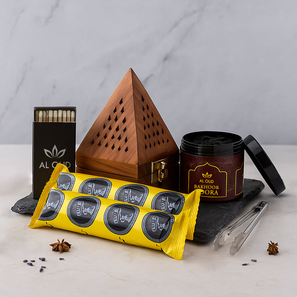 Al Oud Bakhoor Combo Set – Burner + Charcoal + 50g Bakhoor (Choose Any Flavor)