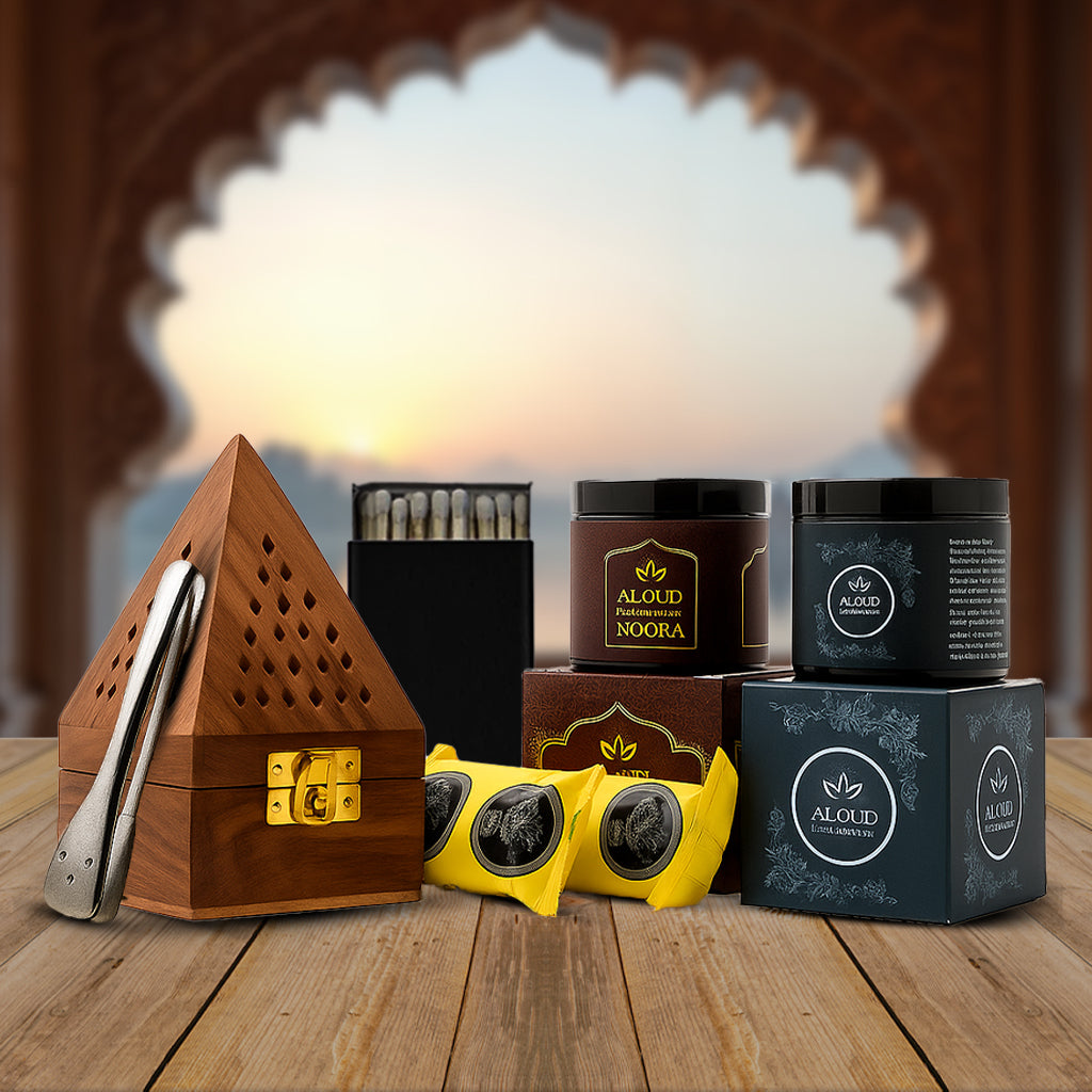 Al Oud Bakhoor Combo Set – Burner + 2 Charcoal + 2 x 50g Bakhoor (Choose Any 2 Flavors)